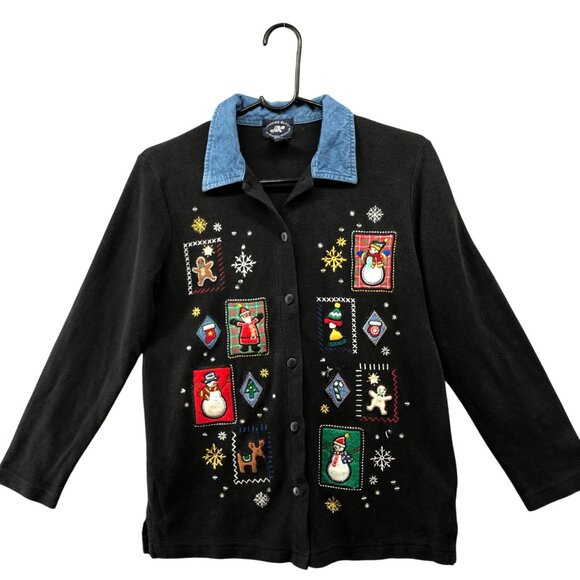 Vintage Ugly Christmas Sweater Cardigan Womens S / SP Black Collared Embroidered - Picture 1 of 8